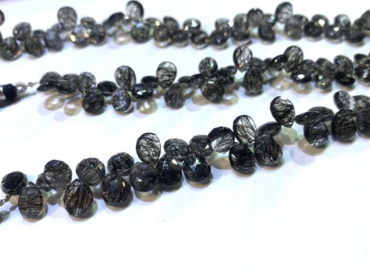 8 Inch Strand, Black Rutile Faceted Pear Beads - 8x12 mm size - Black Rutilated Quartz, Black Rutile Briolettes -Fine Quality