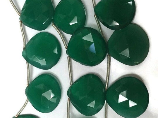 1 Matched Pair- 17x17mm- Green Onyx Faceted Heart Shape Briolette- Beautiful Deep Green Onyx