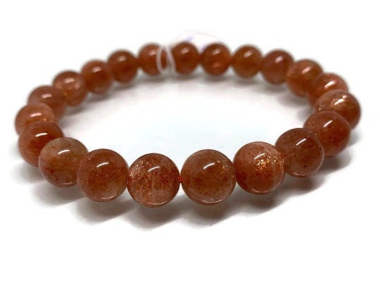 Sunstone Bracelet 10 mm size- Code #7 - Sunstone Round Bracelet -Natural Sunstone Beaded Bracelet - Length 7.5 Inch in Stretchable Cord