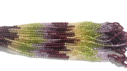 Multi Semi Precious Round beads, Garnet+Citrine+Amethyst + Perdidot 3.5 mm size , length 15'