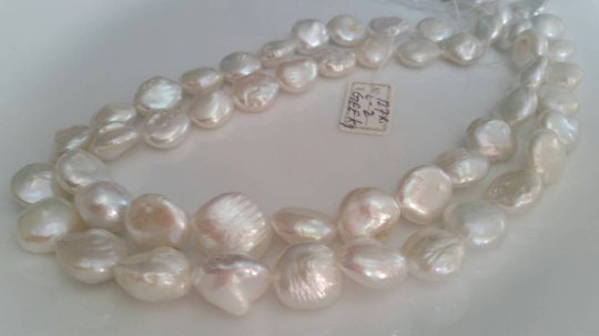 14MM Freshwater Pearl Buff Coin Shape, Natural White Pearl , Pearl Necklace, Length 16