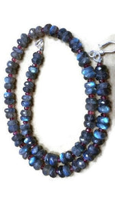 Labradorite 8MM Faceted Necklace with Garnet faceted Small beads 17" Top Quality with Blue shining Stones with Silver clasp