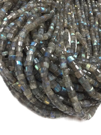 Labradorite Faceted Tyre / wheel Shape  , AAA Quality  faceted beads, length 13.5 Inch . 4MM Blue Flash Labradorite