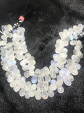 BIG Rainbow Moonstone Faceted Drops, Rainbow Briolettes, 7X13MM ,Faceted Drop shape. gemstone drops. weight 52 GM length 8 Inch