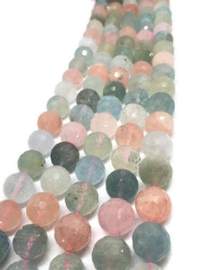 14MM Morganite and Aquamarine faceted Round AAA grade, , Length 15.5" Machine cut top quality round beads.