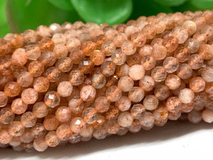 Sunstone 3M faceted Round top quality , 15 Inch Strand- Sunstone Round Faceted , Micro faceted beads .