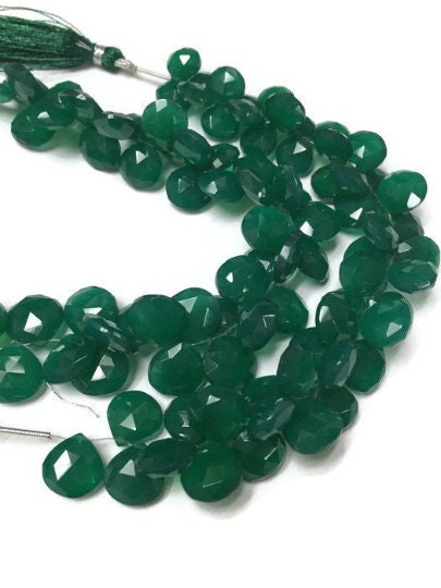 10pcs Approx- 12-13mm-Green Onyx Faceted Heart Shape Briolette ,Deep Green Onyx Briolettes