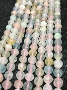 6MM Morganite and Aquamarine faceted Round AA grade, , Length 15.5" Machine cut top quality round beads.