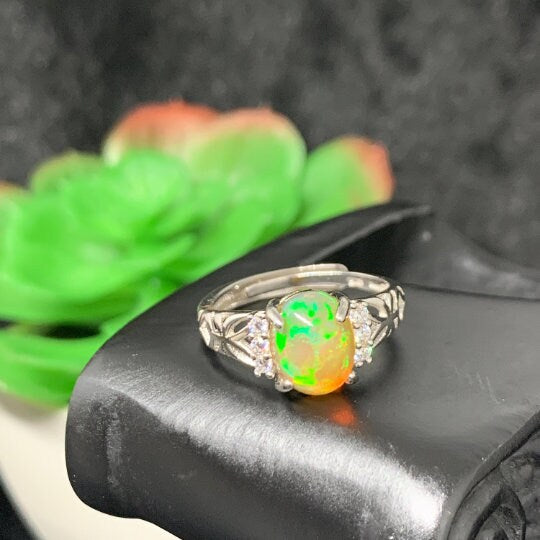 925 Silver Ring -Ethiopian Opal Ring- Opal Gemstone Ring -Opal Engagement Ring-October Birthstone Silver Adjustable Ring Code #02