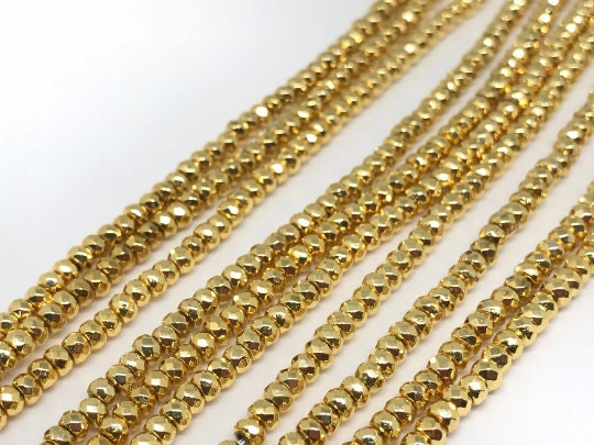 3MM(Pack of 2 Strand) Hematite Faceted Roundel Gold  Coating, AAA Quality , hematite beads 16 Inch Length