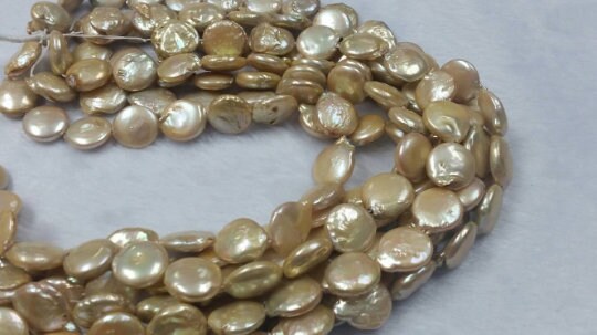 14MM Golden FreshWater cultured Pearl Coin , Natural Pearl , Length 16