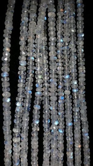 Rainbow Moonstone faceted Roundel 5.5MM , Top Quality , Transparent and blue Fire, AAAA Quality, Length 10