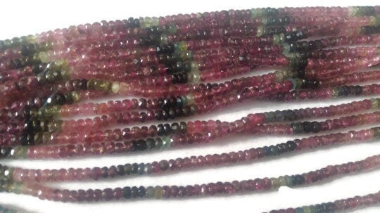 Pink Tourmaline Faceted Roundel 4MM , Mostly Pink Color in Strand 14