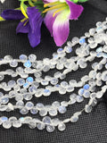 Moonstone 8MM Faceted Heart Shape briolette ,Good quality stones with Blue Fire . Length 8 Inch ,AAA Grade, Mine from India