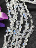 Moonstone 8MM Faceted Heart Shape briolette ,Good quality stones with Blue Fire . Length 8 Inch ,AAA Grade, Mine from India