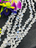 Moonstone 8MM Faceted Heart Shape briolette ,Good quality stones with Blue Fire . Length 8 Inch ,AAA Grade, Mine from India