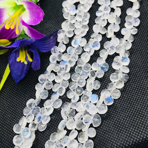 Moonstone 7MM Faceted Heart Shape briolette ,Good quality stones with Blue Fire . Length 8 Inch ,AAA Grade, Mine from India