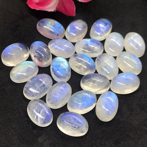 6X8MM Moonstone AAAA Rainbow Moonstone Cabochon-Natural Untreated Strong Blue Fire- Rainbow (Pack of 10 Pc.)