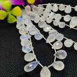 Moonstone Faceted 7X10MM Drops, Rainbow Briolettes, Faceted Drop shape. gemstone drops. length 8 Inch , Video Available.