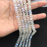 Moonstone faceted 9MM Rondelles , Length 14''Top Quality . Video Available.. Top Quality, Transparent with Blue Flash ,Mine -India