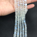 Moonstone faceted 9MM Rondelles , Length 14''Top Quality . Video Available.. Top Quality, Transparent with Blue Flash ,Mine -India