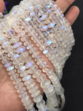 Moonstone faceted 8MM Rondelles , Length 14''Top Quality . Video Available . Top Quality, Transparent with Blue Flash ,Mine -India