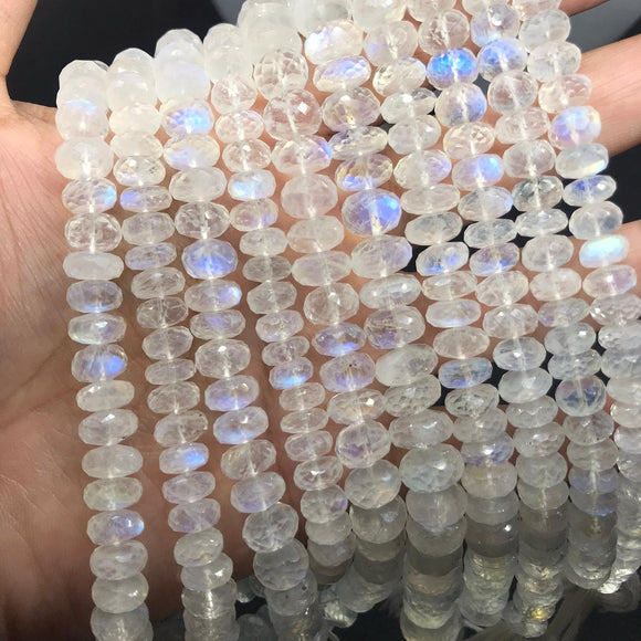 Moonstone faceted 7MM Rondelles , Length 14''Top Quality . Video Available.  Top Quality, Transparent with Blue Flash ,Mine -India