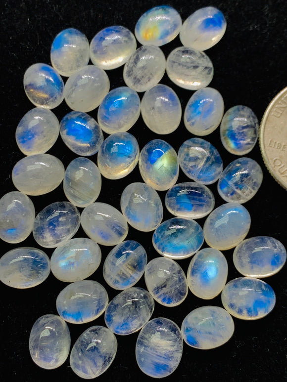 7X9MM Moonstone Oval AAA Rainbow Moonstone Cabochon-Natural Untreated Strong Blue Fire- Rainbow (Pack of 8 Pc.)