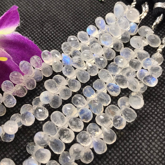 Rainbow Moonstone 5.5X7.5MM  Faceted Drops, Rainbow Briolettes,  Super Quality , Blue Flash Moonstone with transparent quality , Length 8