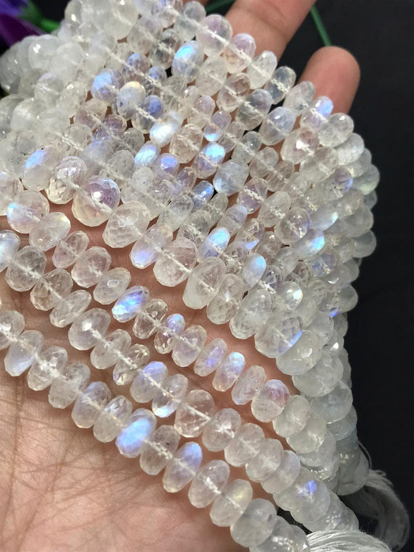 Moonstone faceted 8MM Rondelles , Length 14''Top Quality . Video Available . Top Quality, Transparent with Blue Flash ,Mine -India