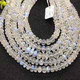 Moonstone faceted 8MM Rondelles , Length 14''Top Quality . Video Available . Top Quality, Transparent with Blue Flash ,Mine -India