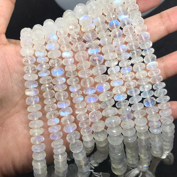 Moonstone faceted 5MM Rondelles , Length 14''Top Quality . Video Available.. Top Quality, Transparent with Blue Flash ,Mine -India ,