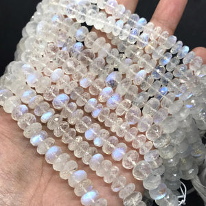 Moonstone faceted 6MM Rondelles , Length 14''Top Quality ,Video Available. . Top Quality, Transparent with Blue Flash ,Mine -India