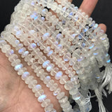 Moonstone faceted 6MM Rondelles , Length 14''Top Quality ,Video Available. . Top Quality, Transparent with Blue Flash ,Mine -India