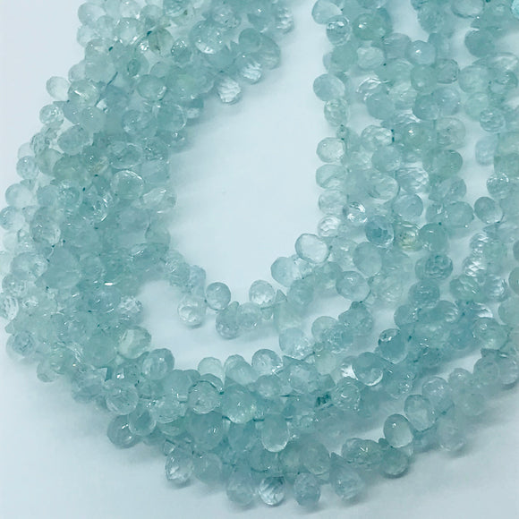 Blue Aquamarine Faceted Drops Briolettes 4X8mm - length 8 inches. Aquamarine drop shape