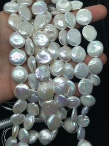 Freshwater Pearl Smooth Coin 14MM,AAA Quality -Natural Pearl Coin shape , length 16" - Very Fine Quality- White Color Coins