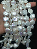 14MM Freshwater Pearl Smooth Coin AAA Quality -Natural Pearl Coin shape , length 16" - Very Fine Quality- White Color Coins