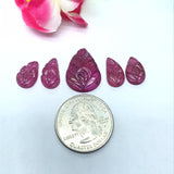 Ruby Carving Cabs-Pack of 5 Pieces - Glass Filled Ruby Carving Leaf Shape Cabs- weight 32.5-CT. code#4 Size 15X12 Centre,8X14 ,8X13MM