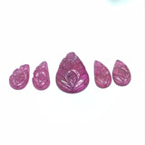 Ruby Carving Cabs-Pack of 5 Pieces - Glass Filled Ruby Carving Leaf Shape Cabs- weight 32.5-CT. code#4 Size 15X12 Centre,8X14 ,8X13MM