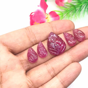 Ruby Carving Cabs-Pack of 5 Pieces - Glass Filled Ruby Carving Leaf Shape Cabs- weight 32.5-CT. code#4 Size 15X12 Centre,8X14 ,8X13MM