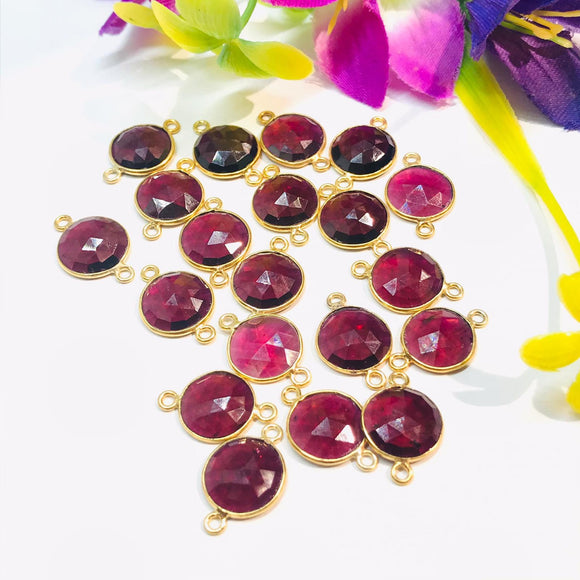 Garnet Round 10MM faceted Connector, Pack of 5 Pieces, Gold plated connector, bezel connector, double Bail, Jewelry supply