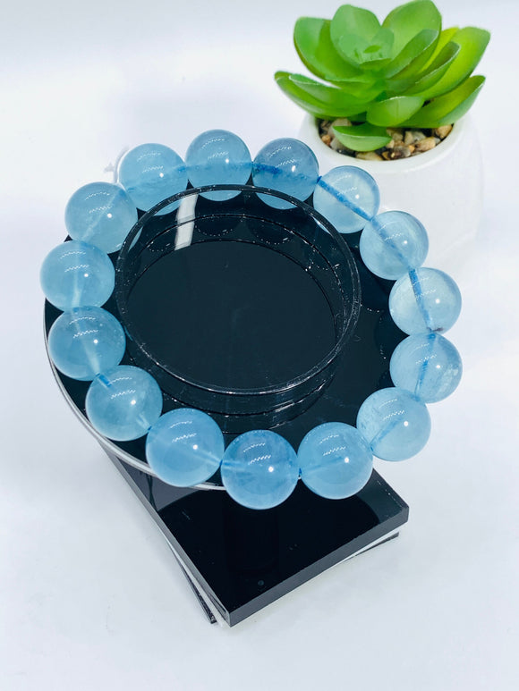 Aquamarine Bracelet • 15 mm Size • Code B1 • AAA Quality • Weight 69.8 gm • 7.5 Inch Length • Stretch Bracelet • Aquamarine Round Bracelet