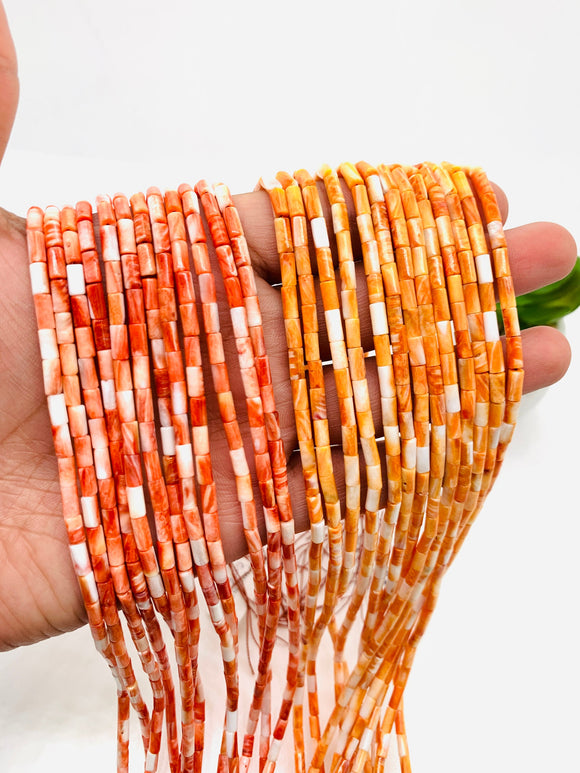 Spiny Oyster Shell Tube Beads • 3x6 mm Size • 40 cm length • AAA Quality • Natural Spiny Oyster Orange/Red Color • Origin Mexico