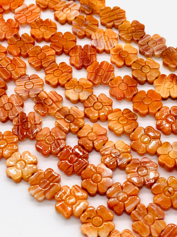 Spiny Oyster Flower Carving Beads • 12x12 mm Size • 40 cm length • AAA Quality • Natural Spiny Oyster Orange Color • Origin Mexico