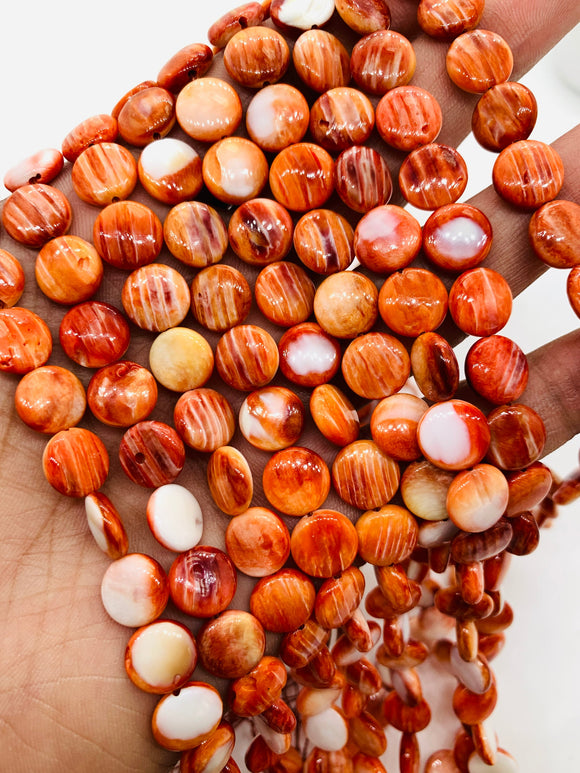 Spiny Oyster Coins Beads • 10 mm Size • 40 cm length • AAA Quality • Natural Spiny Oyster Dark Orange Color • Origin Mexico