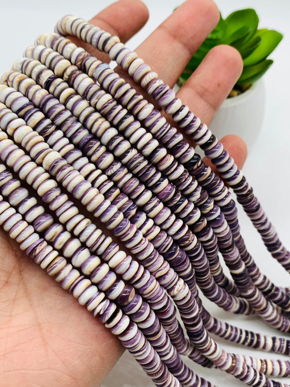 Wampum Quahog Shell Roundel Beads •  6 mm Size • 40 cm length • AAA Quality • Natural Wampum Shell • Purple Color • Origin East Coast USA