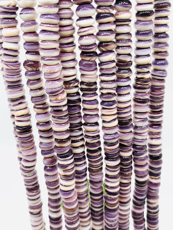 Wampum Quahog Shell Roundel Beads •  8 mm Size • 40 cm length • AAA Quality • Natural Wampum Shell • Purple Color • Origin East Coast USA