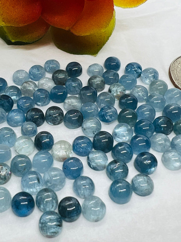 Aquamarine 6MM Round Cabs- Aquamarine cabochon Pack of 4 Pcs Good Quality cabs- Blue Aquamarine, origin Nigeria