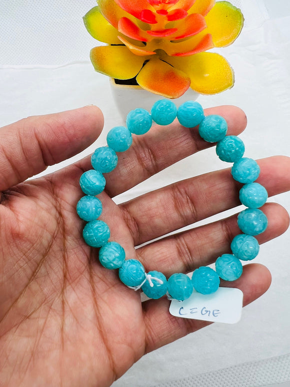 Amazonite carving 10MM Round Beaded Bracelet . Length in 7.5 Inch Stretch Bracelet, Amazonite carved Bracelet-