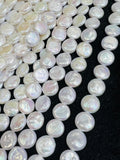 10MM Freshwater Pearl Smooth Coin AAA Quality -Natural Pearl Coin shape , length 16" - Very Fine Quality- White Color Coins